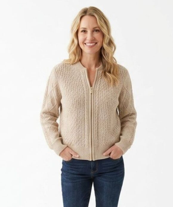 Anthropologie Sweaters - Calligraphie Anthropologie Cable Knit Full Zip Cardigan Sweater Jacket Beige XL